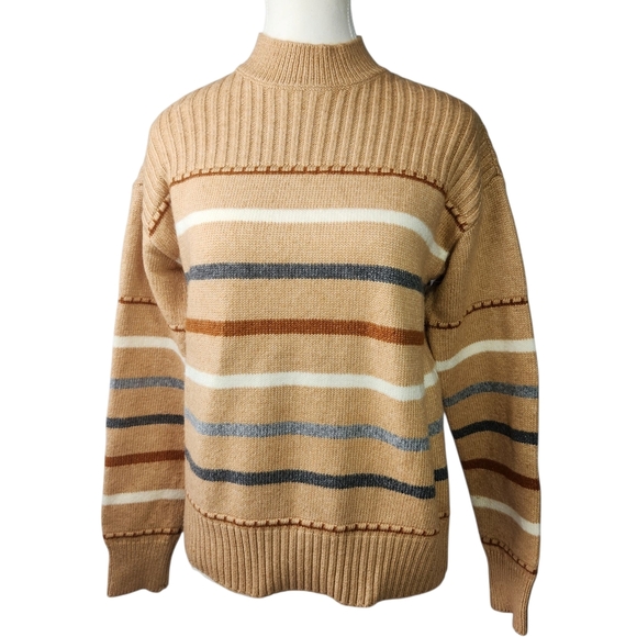 St. John's Bay Crewneck Sweater in Tan and White with Ribbed Knit - Picture 1 of 8